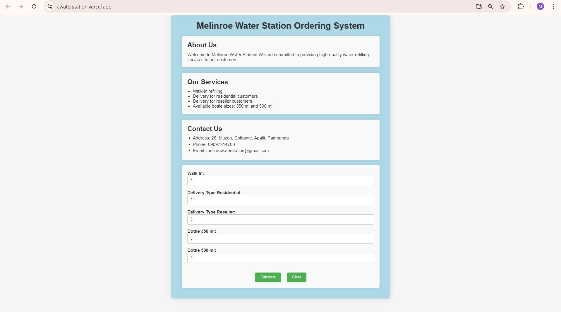 Melinroe Water Station Ordering System